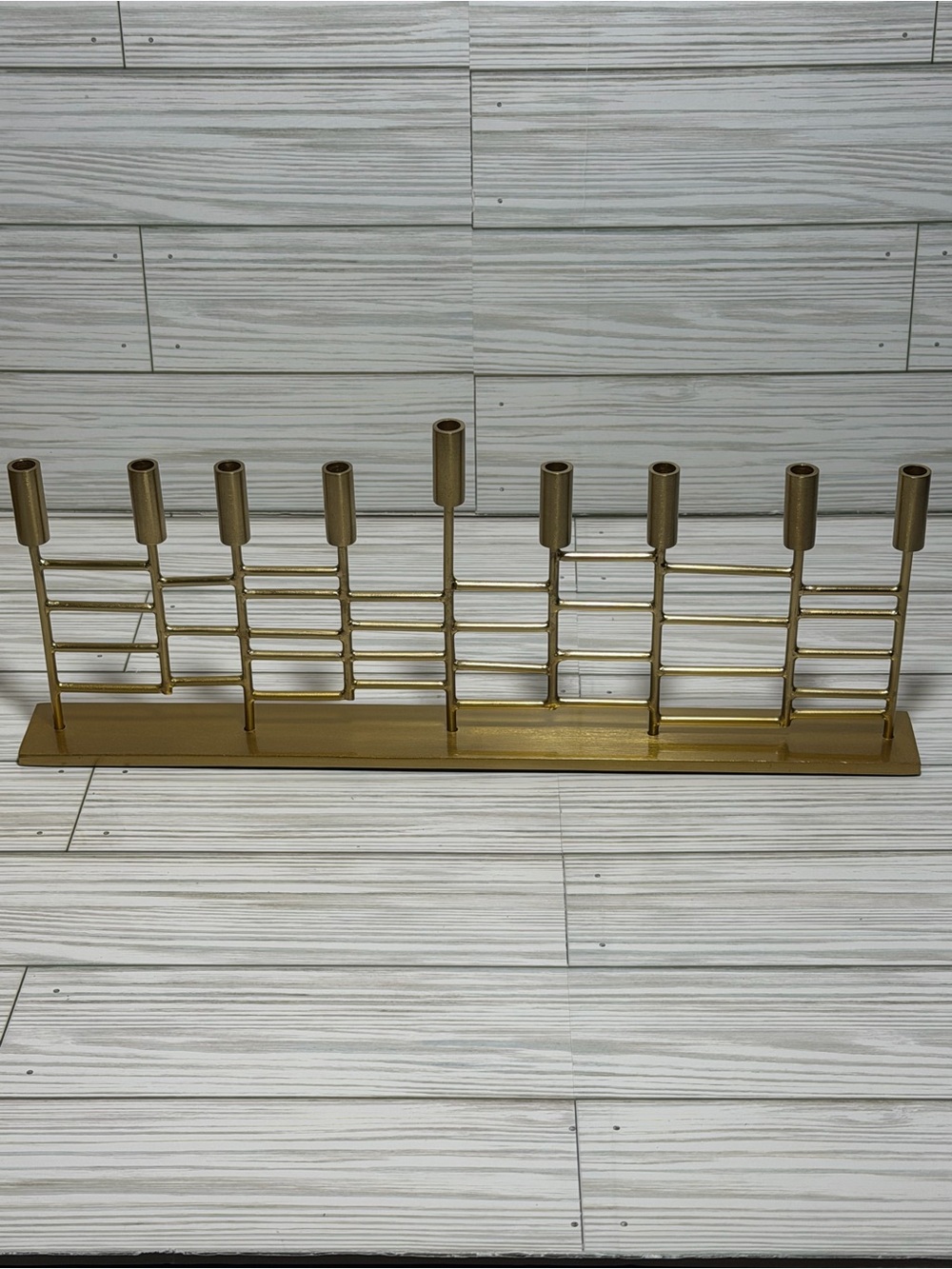 CB2 Gold Metal Hanukkah Menorah 9 Branch Modern Geometric Judaica Candle Holder